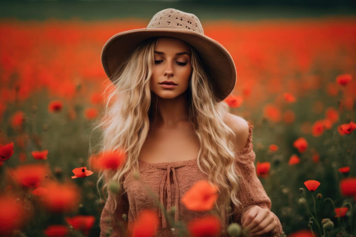a sad young beautiful woman in summer dress in poppies field