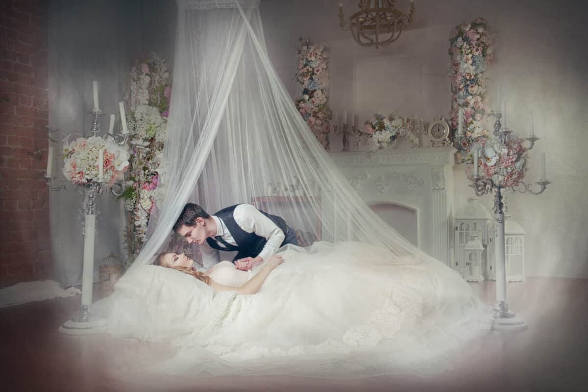 a fairytale princess is sleeping and a prince trying to awaken her with a kiss
