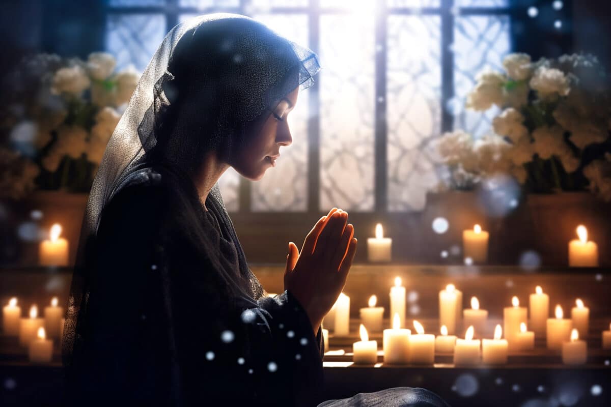 Woman praying at the alter, wearing a black dress