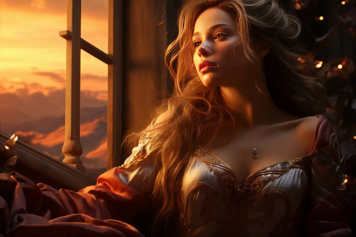 a romantic woman filled with longing is sitting by the window at sunset