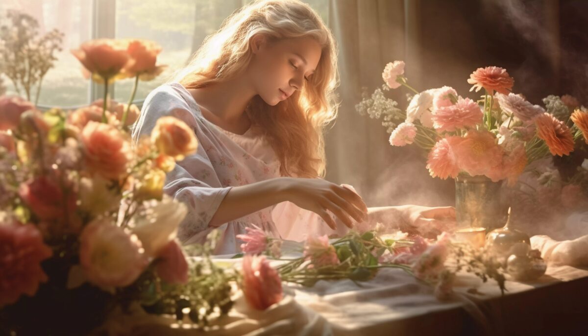 a beautiful and serene lady arranging flowers at a table at home