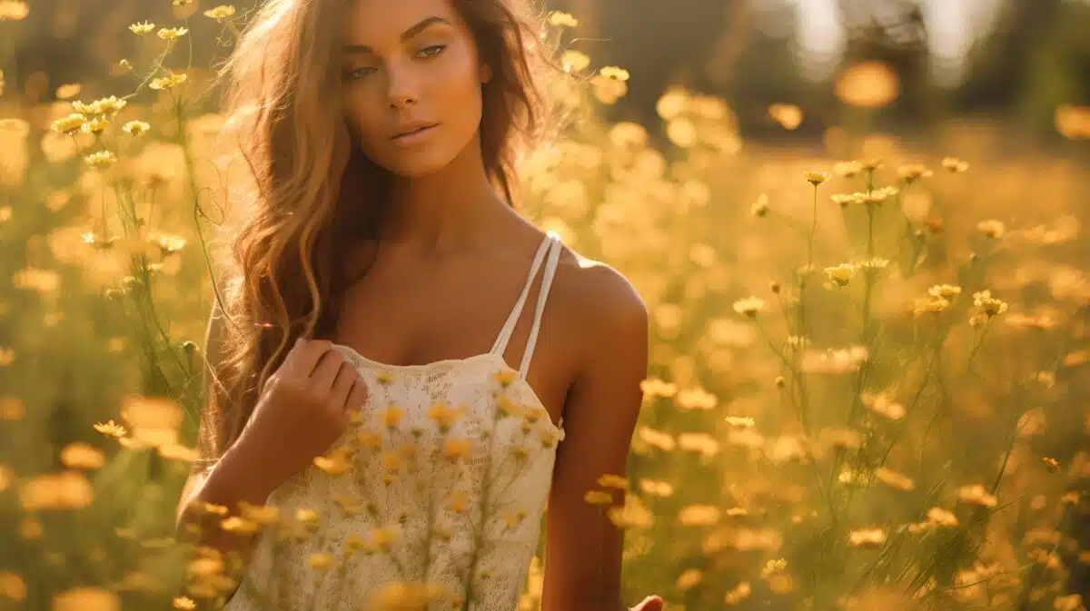 a young beautiful woman standing in a field of wildflowers in the summer
