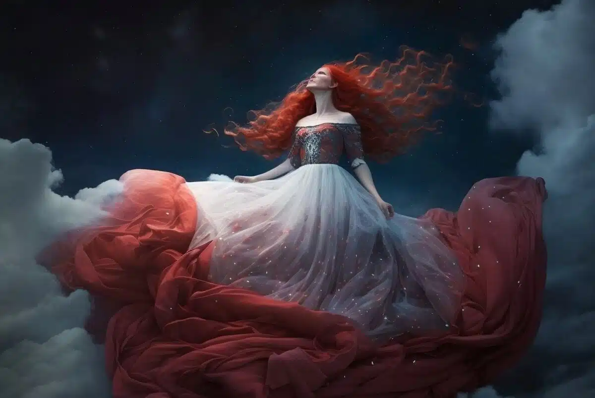 a mystical red haired lady floating in the dark night sky