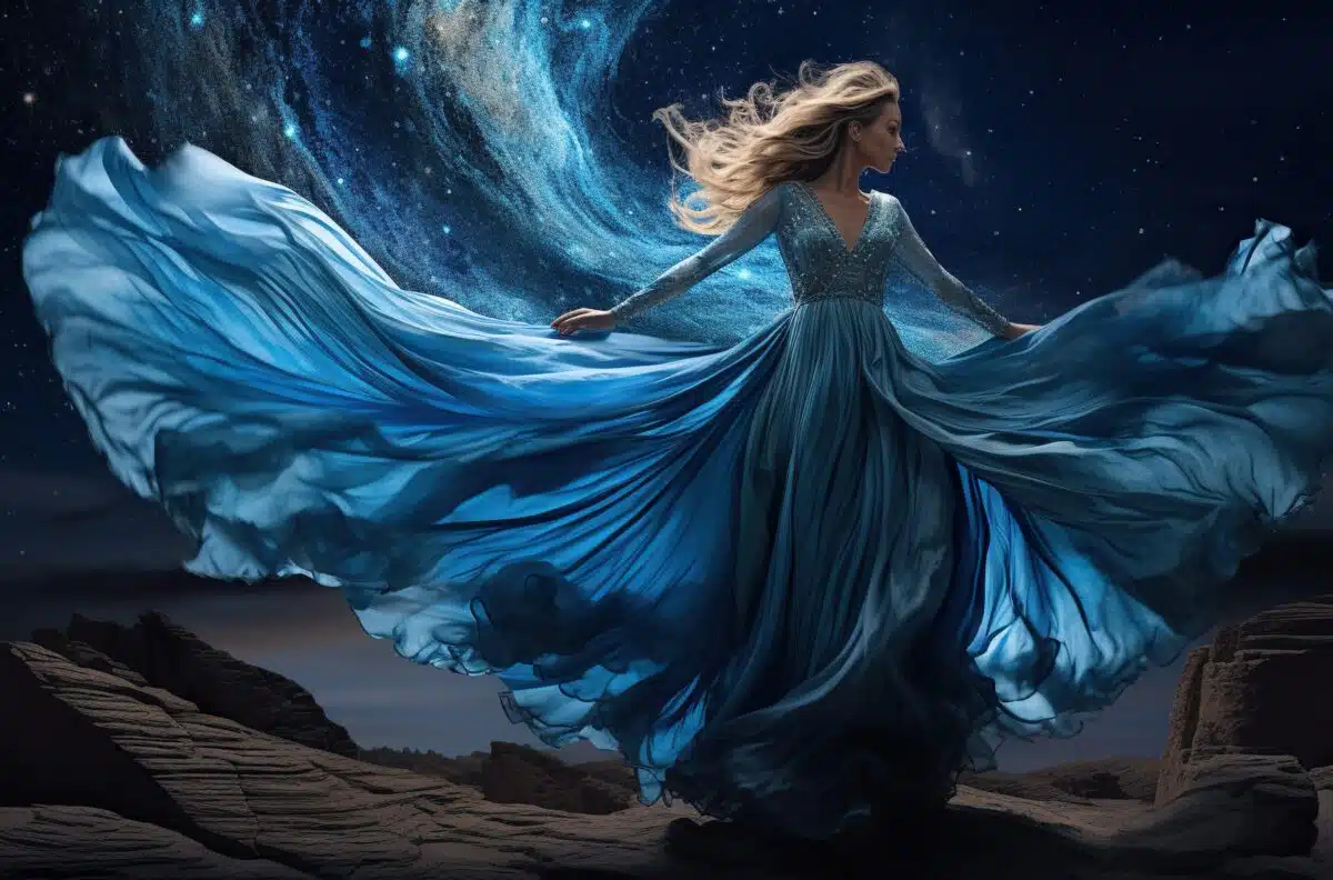 a mysterious beauty in a blue fluttering dress standing atop a mountain where the sky is filled with bright stars