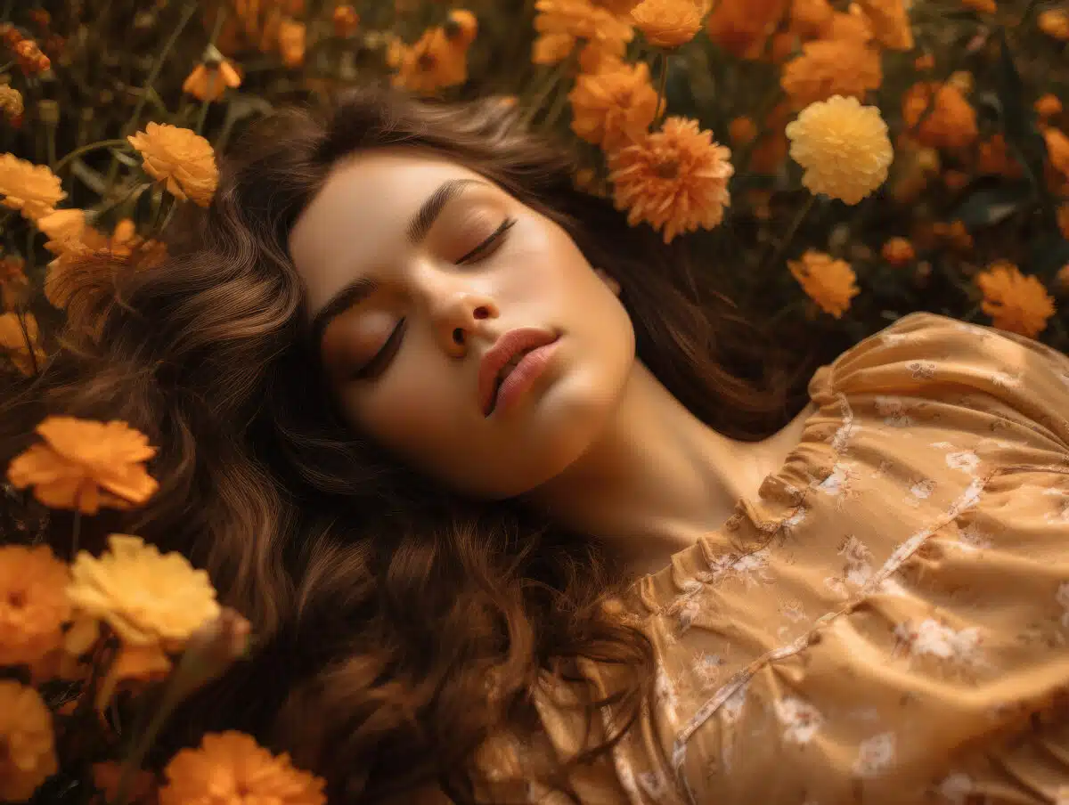 Woman is laying down in field of yellow flowers, with her eyes closed and head rested on ground. She appears to be enjoying peaceful moment as she lies among colorful blossoms.. Generative AI