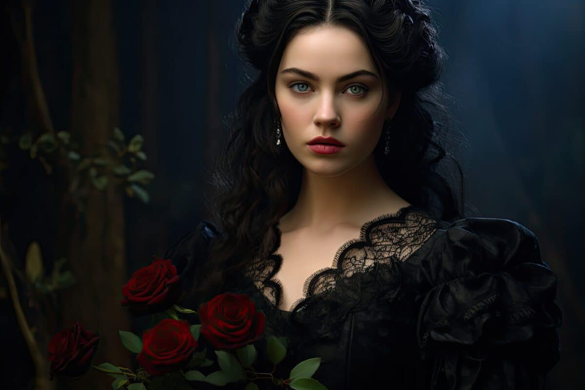 a woman in a black dress holding roses