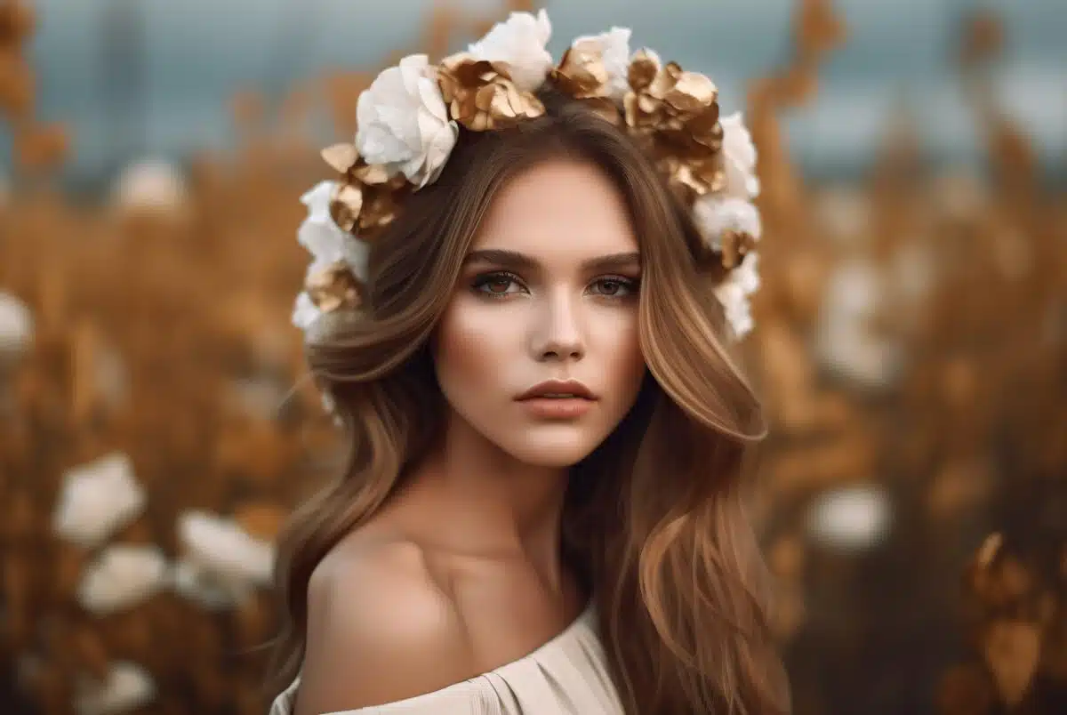 a young brown haired lady with a flower wreath atop her head