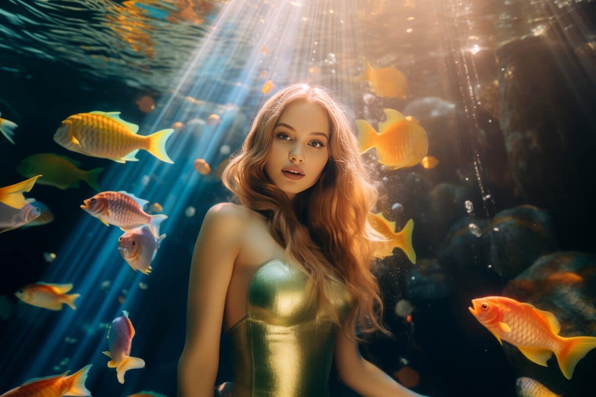 Girl mermaid with long hair underwater, sunlight break through sea water, orange fishes around, close up portrait beautiful young woman, fantasy mermicore.
