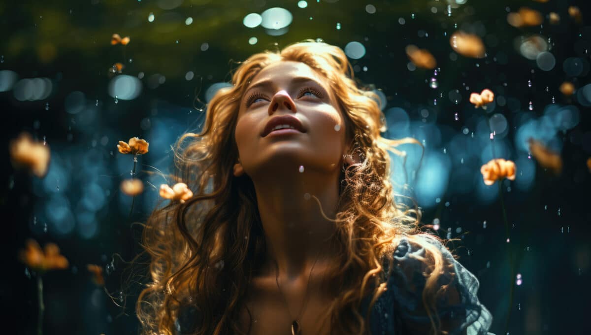 ethereal woman looking up and water droplets on her face
