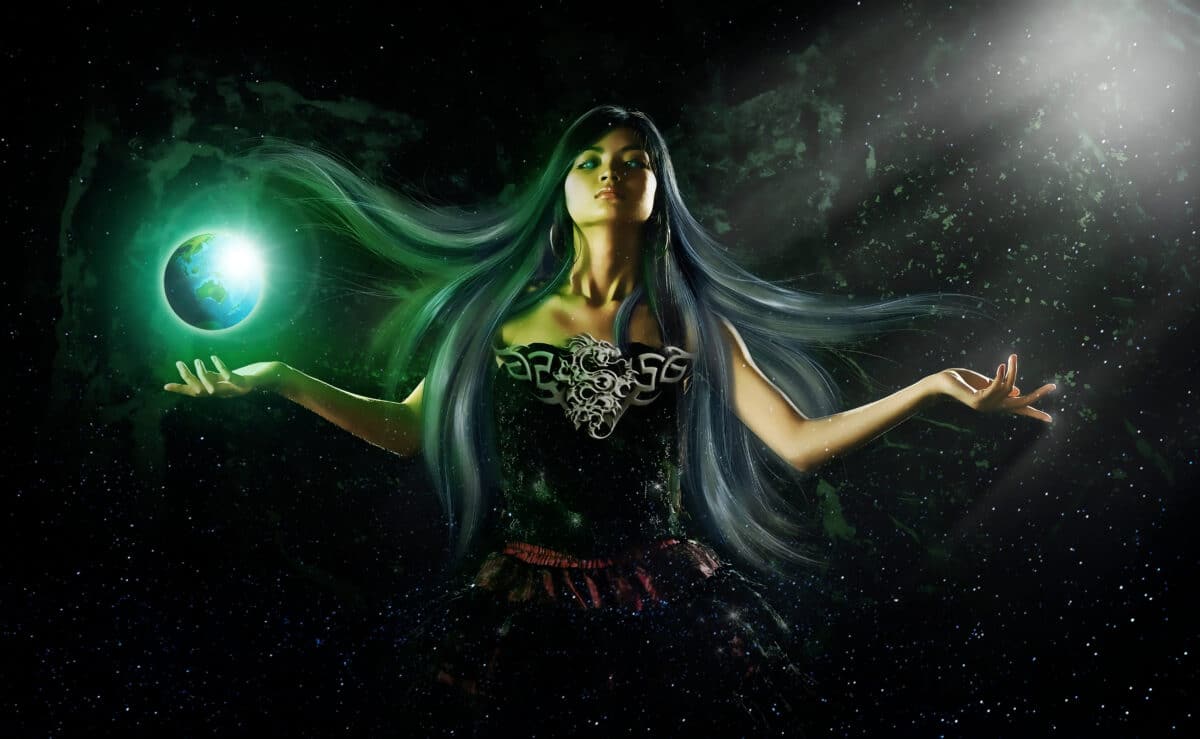 a goddess holding the glowing earth in her right hand while floating in the black space