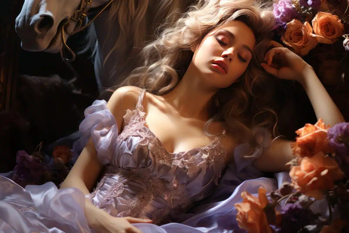 a sensual young woman in a fairytale dress is sleeping next to her horse