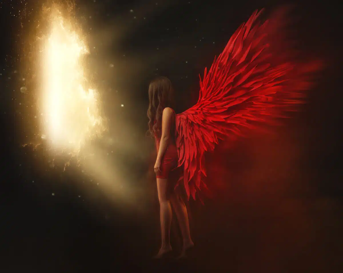 an angel woman with red wings flies between worlds and universes through shining gates with stars