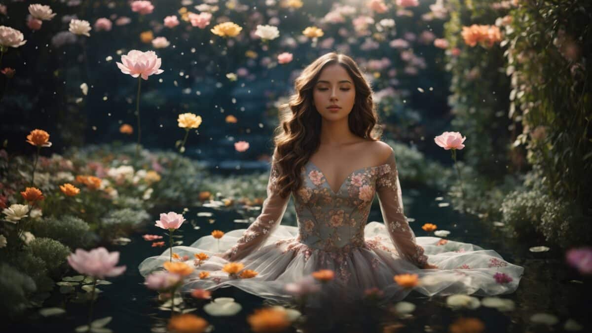 a girl in a surreal floating garden, where flowers and plants levitate around her as if by magic