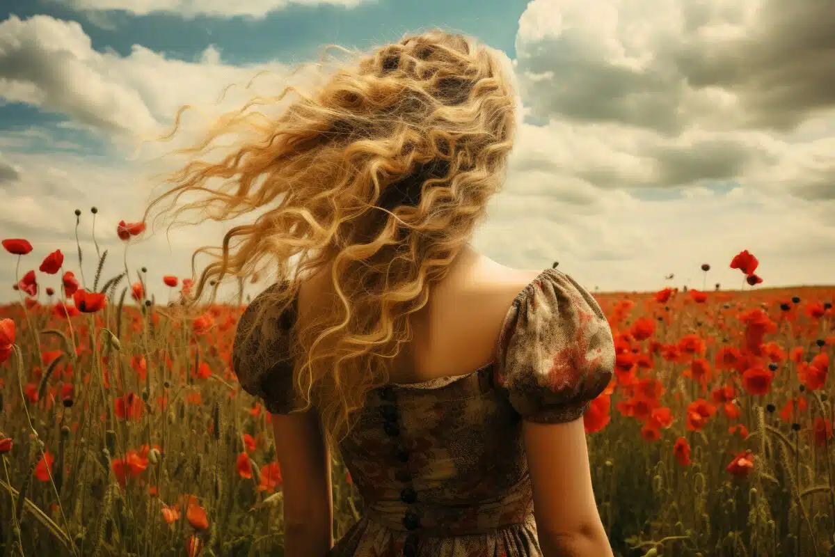 a blonde woman standing in the middle of a poppies field