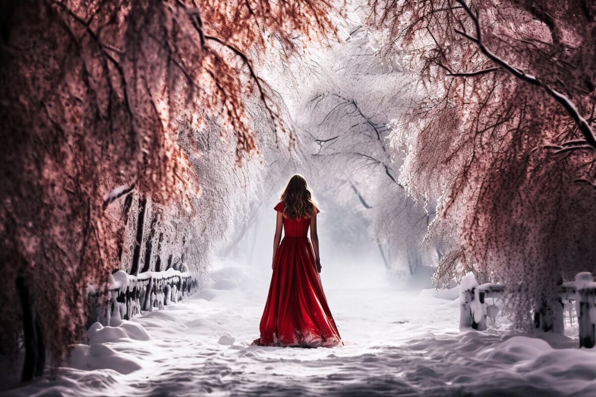 a lonely woman in a long red dress on a snowy path between trees with red flowers