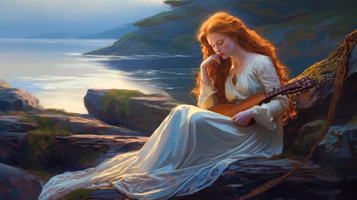 a red haired woman in white dress with lute on rocky seashore