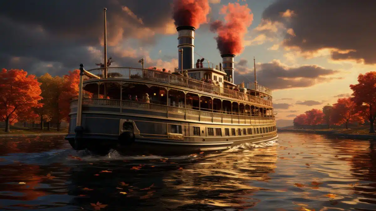 a vintage steamer on the river at sunset