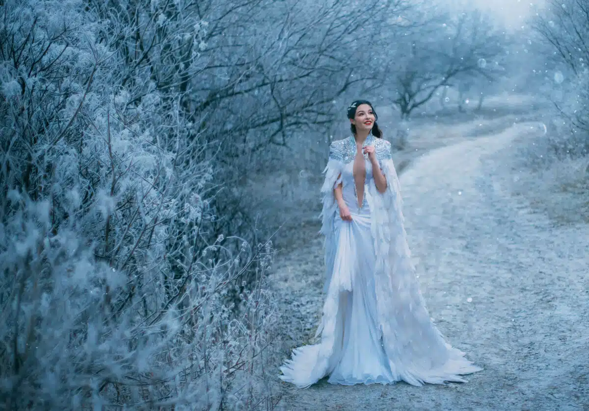 Young Happy Lady Snow Queen walk travel outdoor. 