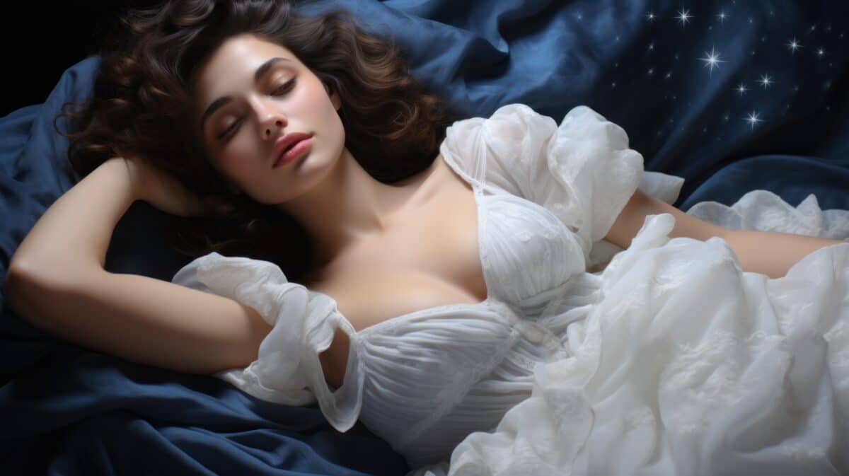 a mysteriouly stunning woman in a white dress laying on a bed