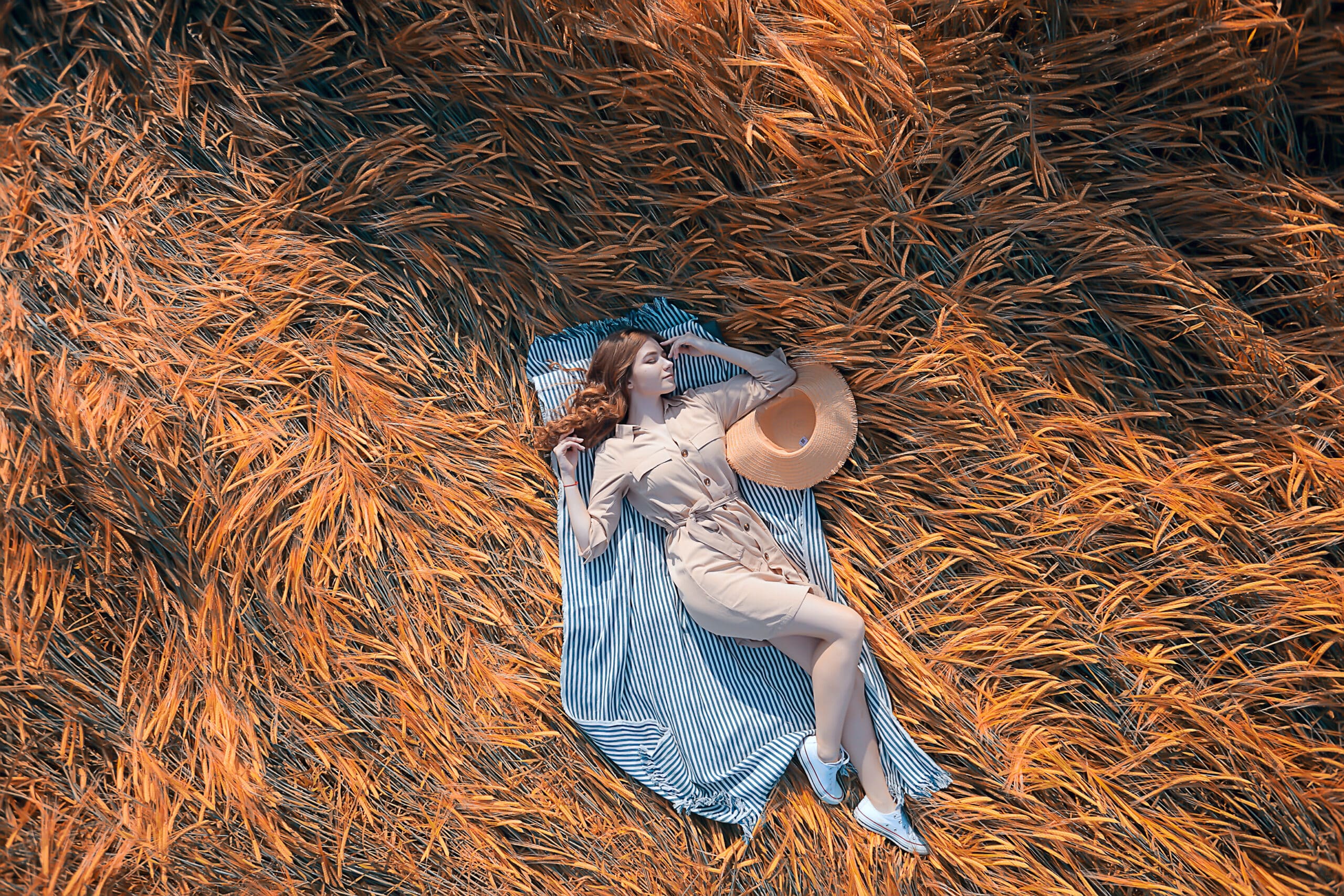 girl lies in a wheat field top view 