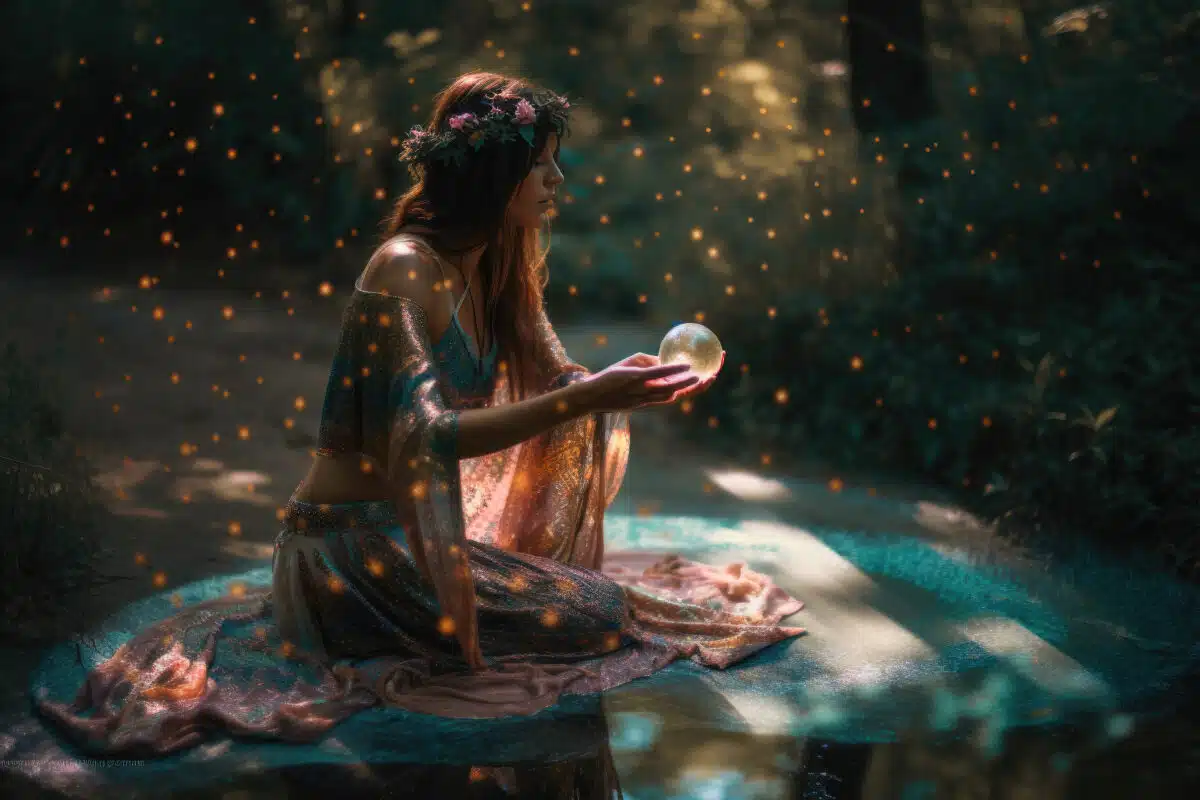a mysterious lady with a crystal ball is sitting by the lake in the woods
