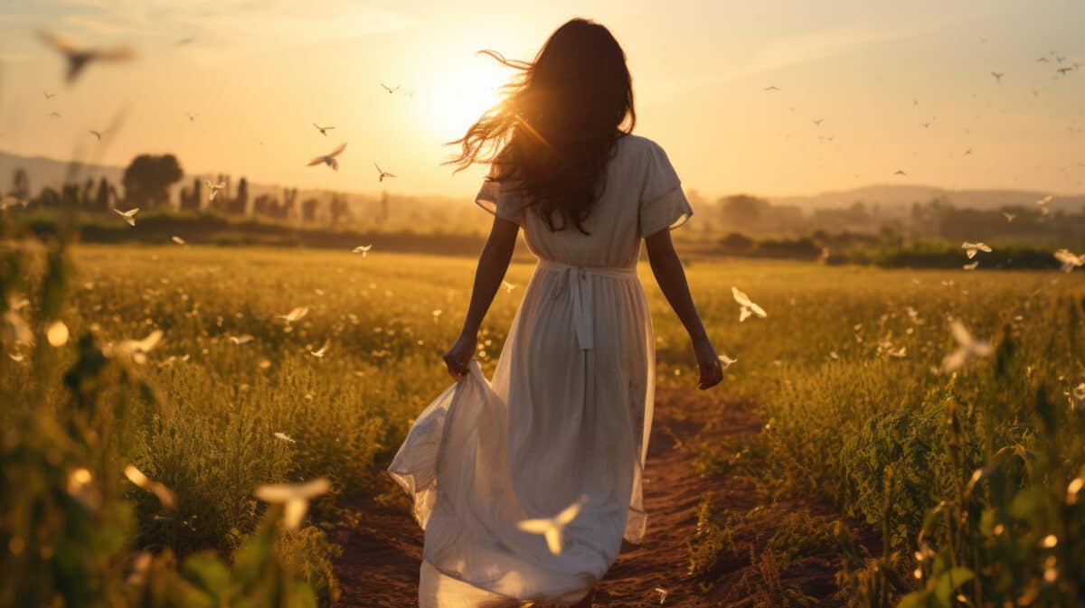 a lonesome young woman with long brown hair in a long white dress is walking through a field at sunset
