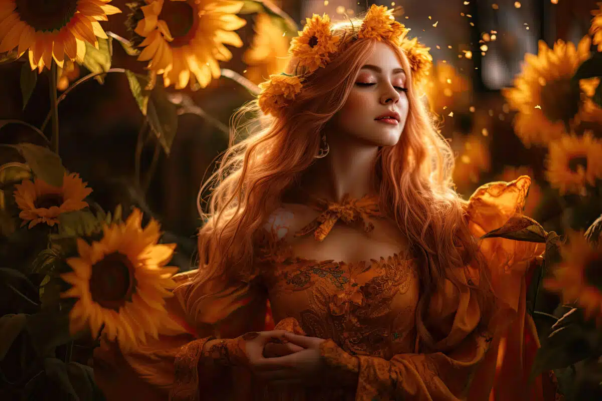 a beautiful autumn girl in reflective mood amongst sunflowers