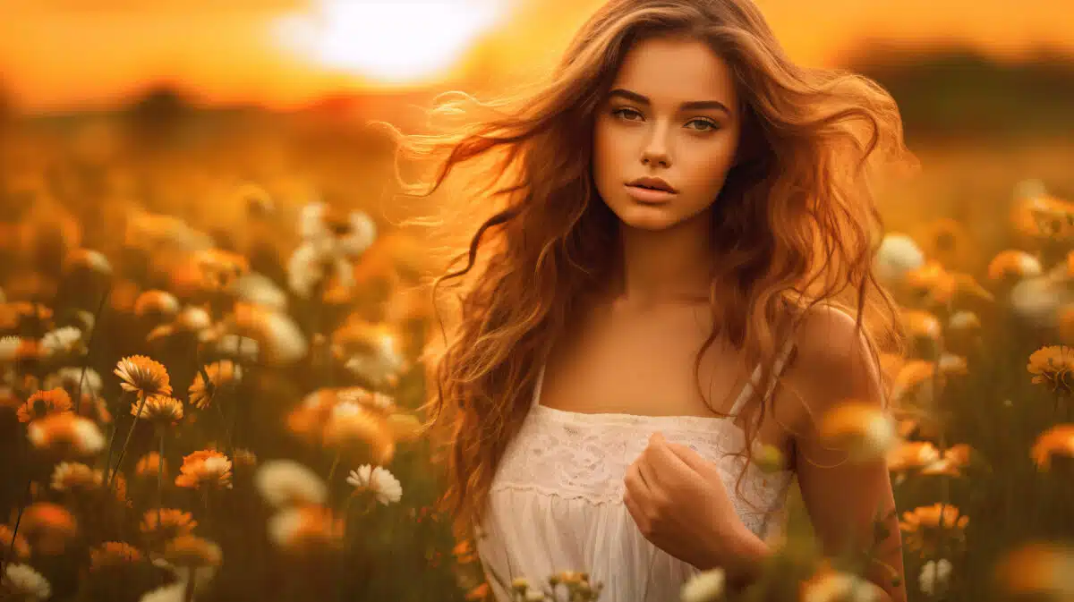 a young woman in a field of flowers at sunset