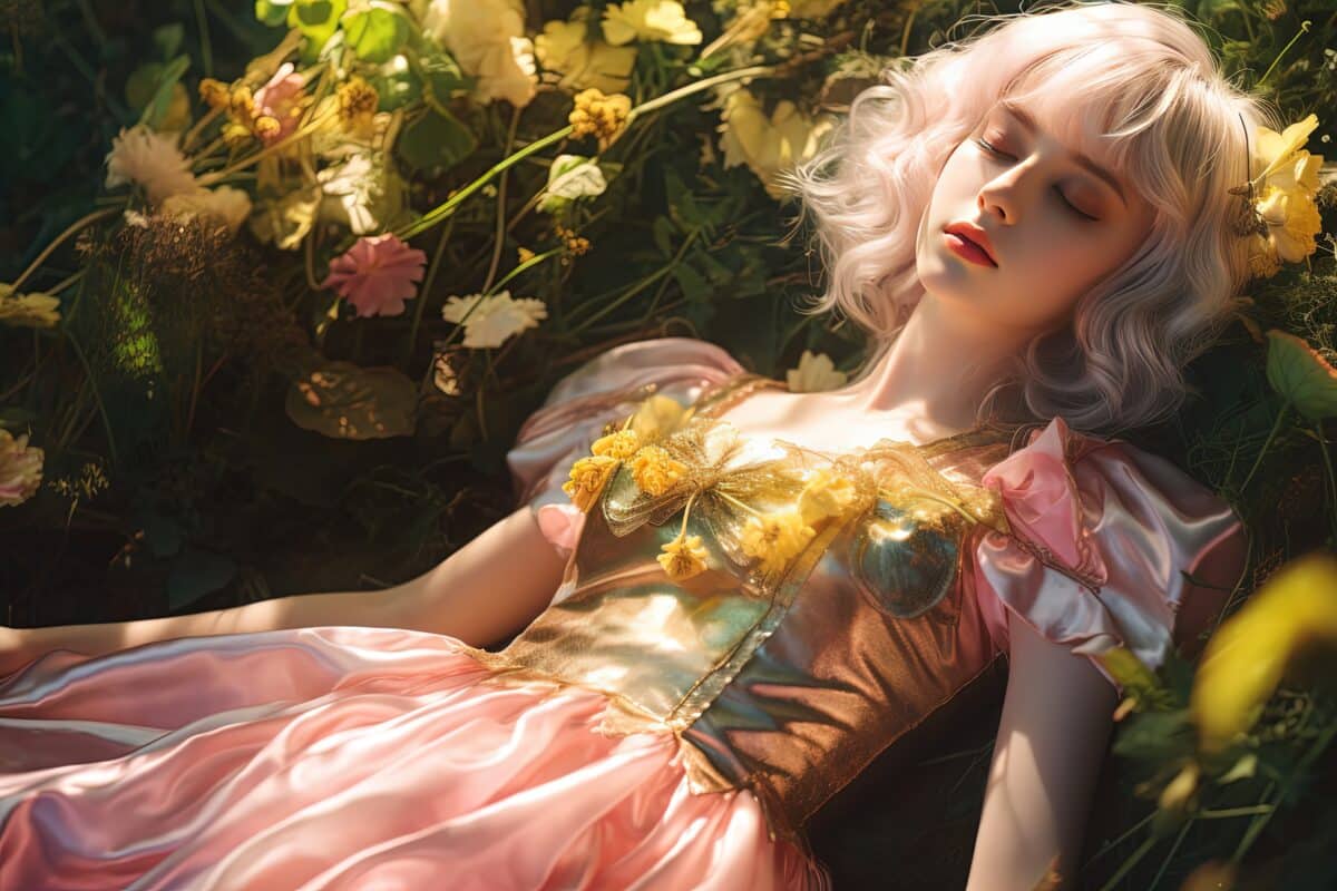 close up portrait of cute girl metallic dress pink and gold  dress sleeping in  flower blossom grass field, Generative Ai