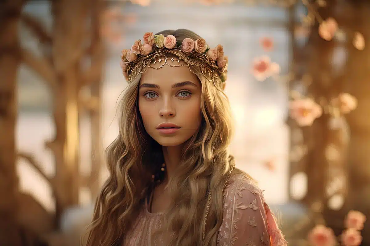 a pretty celtic lady wearing a flower crown in the flower garden