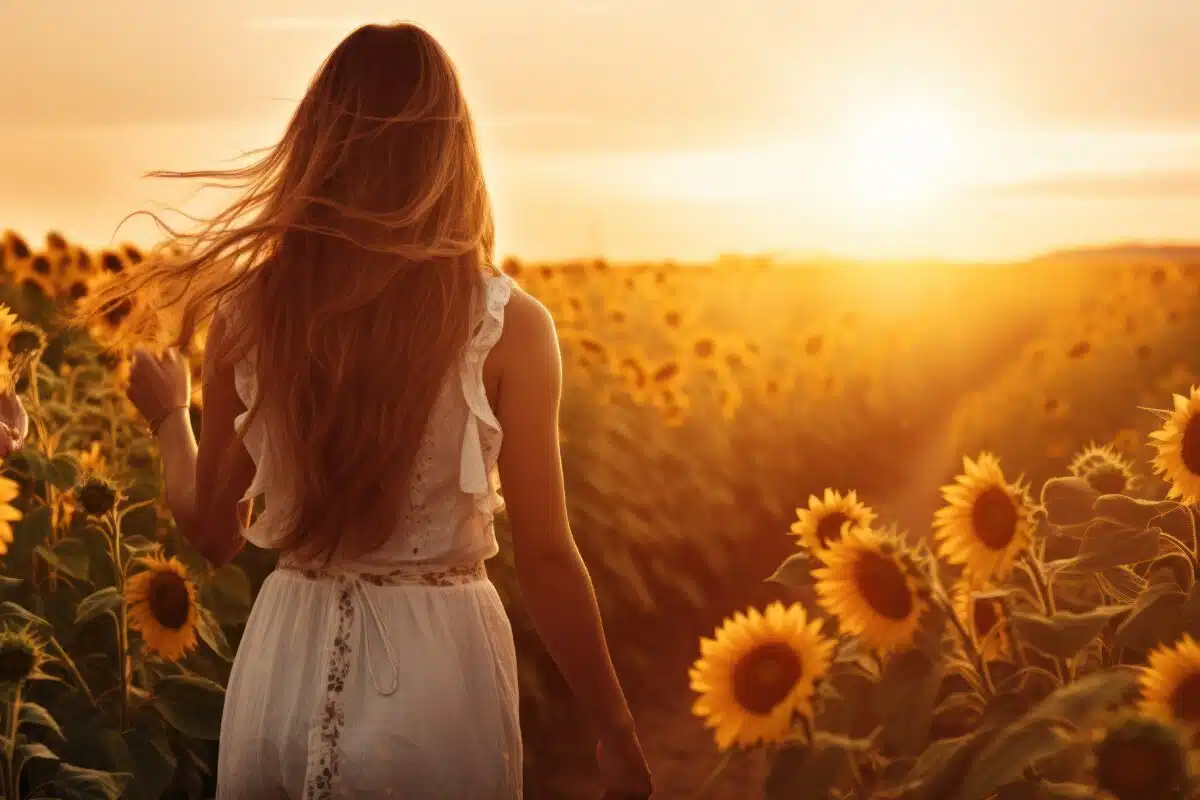 a woman walking by blooming sunflower field at sunset
