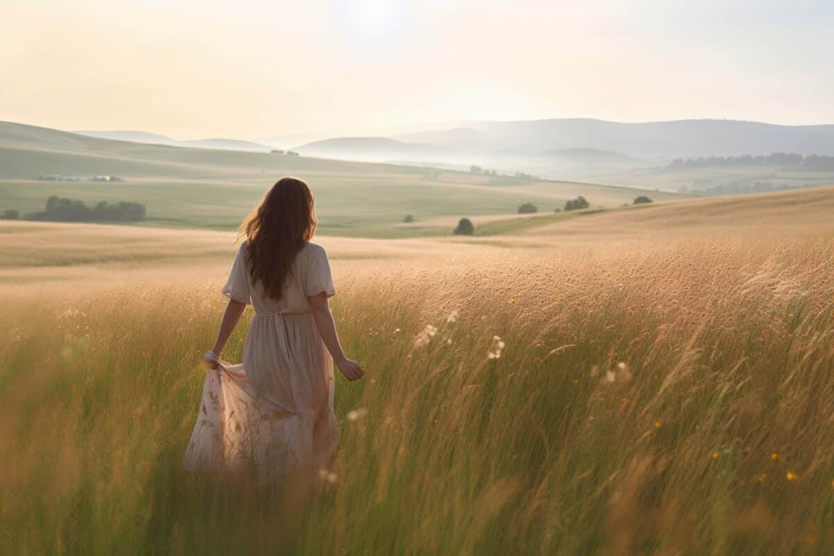 a woman walking in the field
