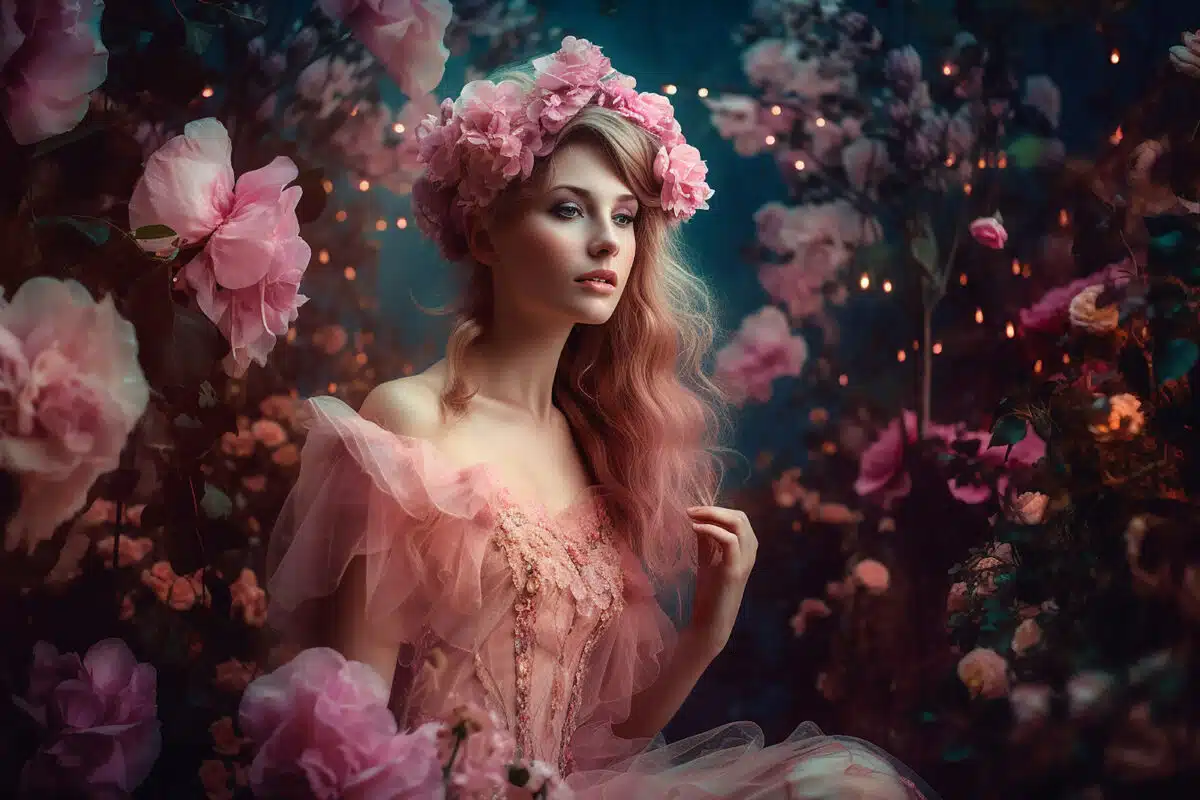 a beautiful flower fairy in a colorful fantasy garden