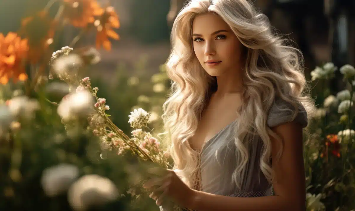 a graceful princess with flowing white hair and a bouquet of flowers in an enchanting the forest