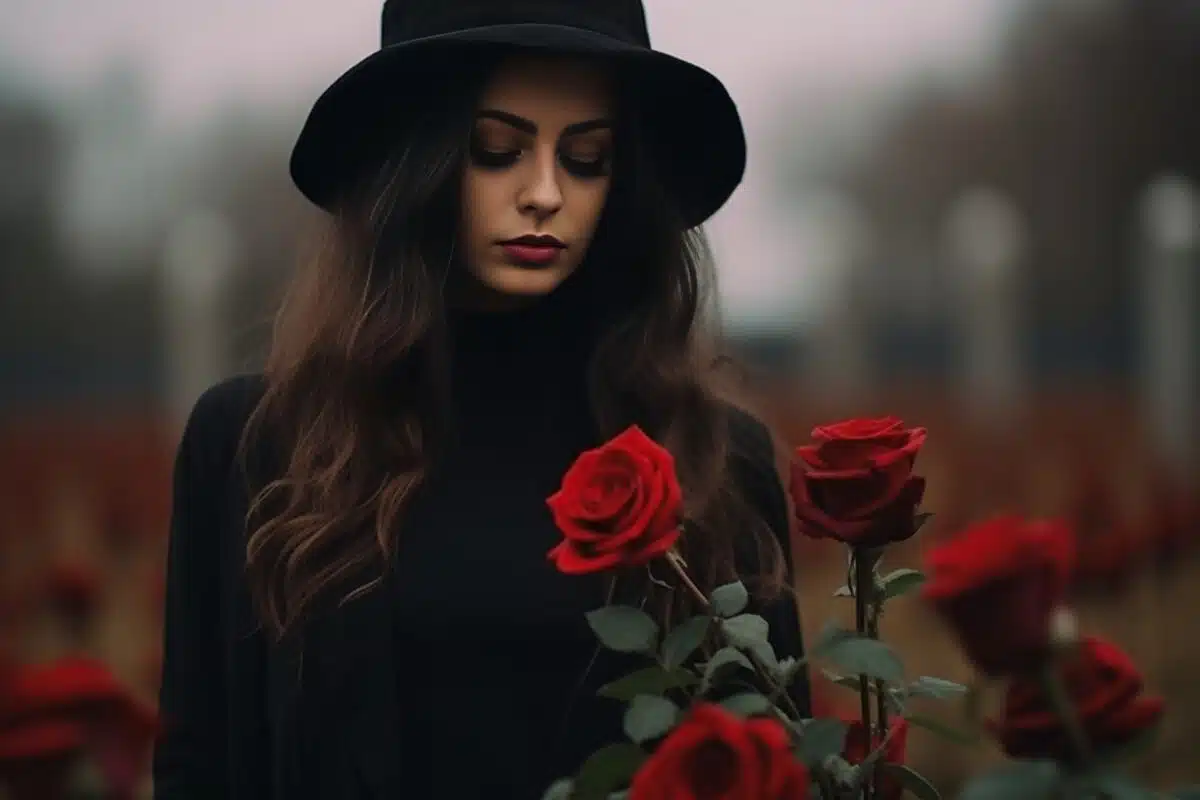 Generative AI : Beautiful young woman in black dress holding bouquet of red roses