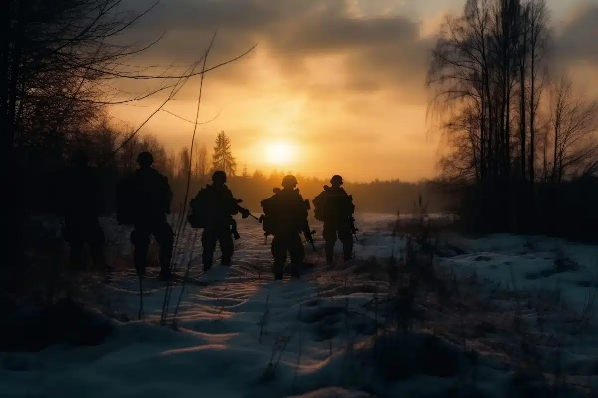 silhouette of a group of soldiers in a field in winter at sunrise