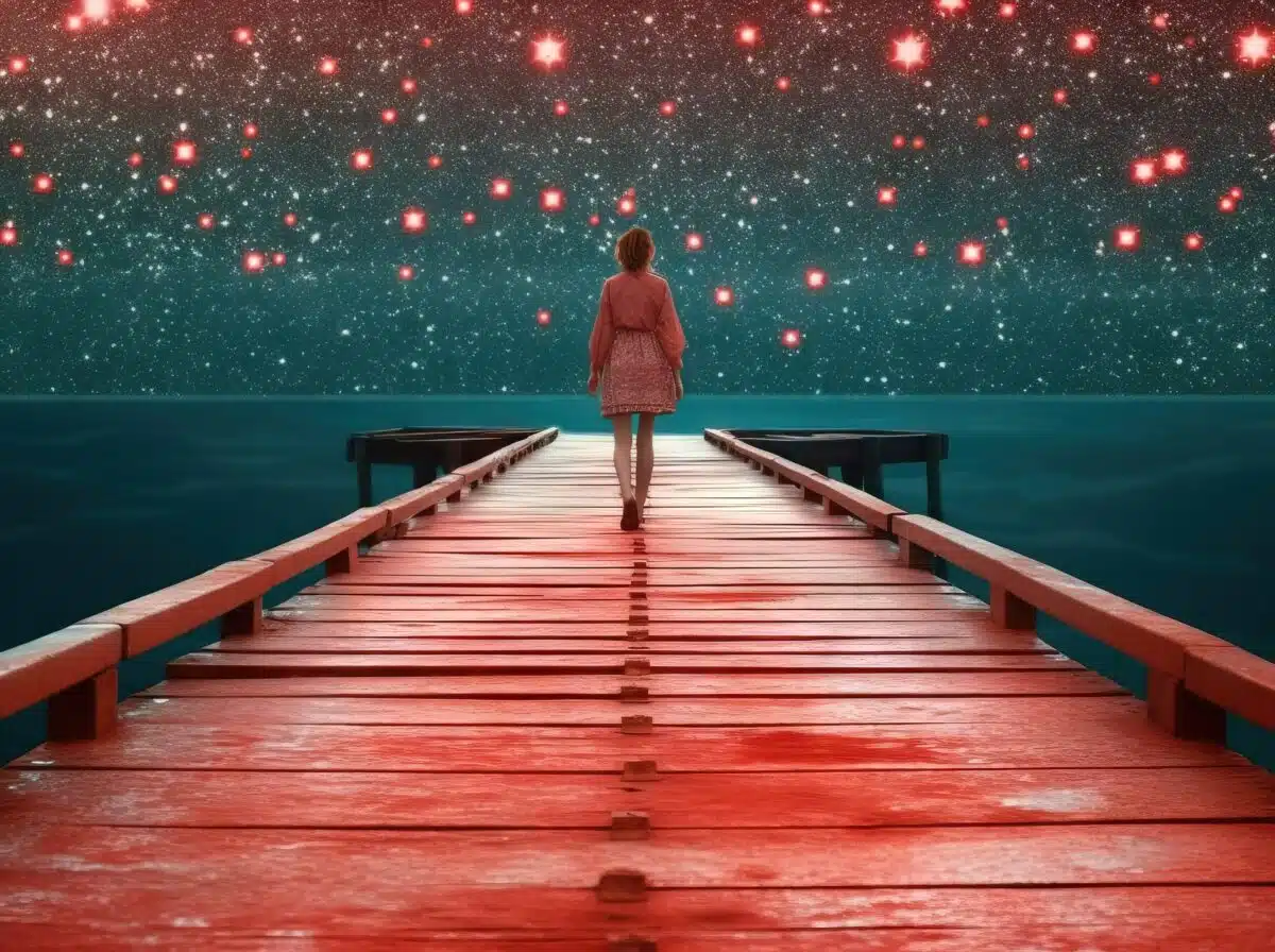 woman on a bridge looking at cosmic background