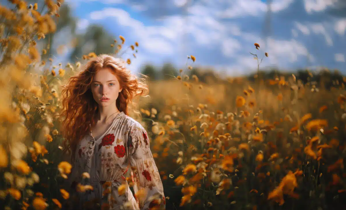 a beautiful young woman with long, red hair and freckles on her face standing in a summer field with orange flowers
