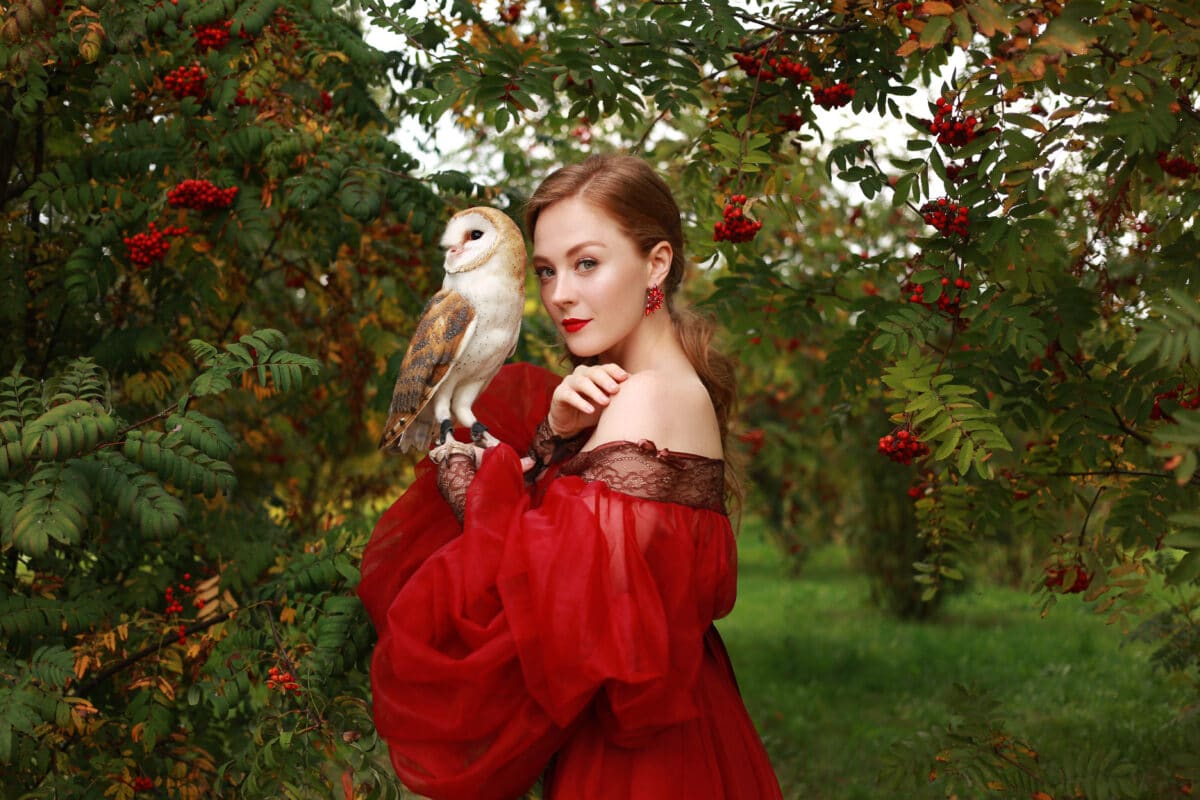 Beautiful red haired girl in red medieval dress with owl sitting on her hand among rowan.