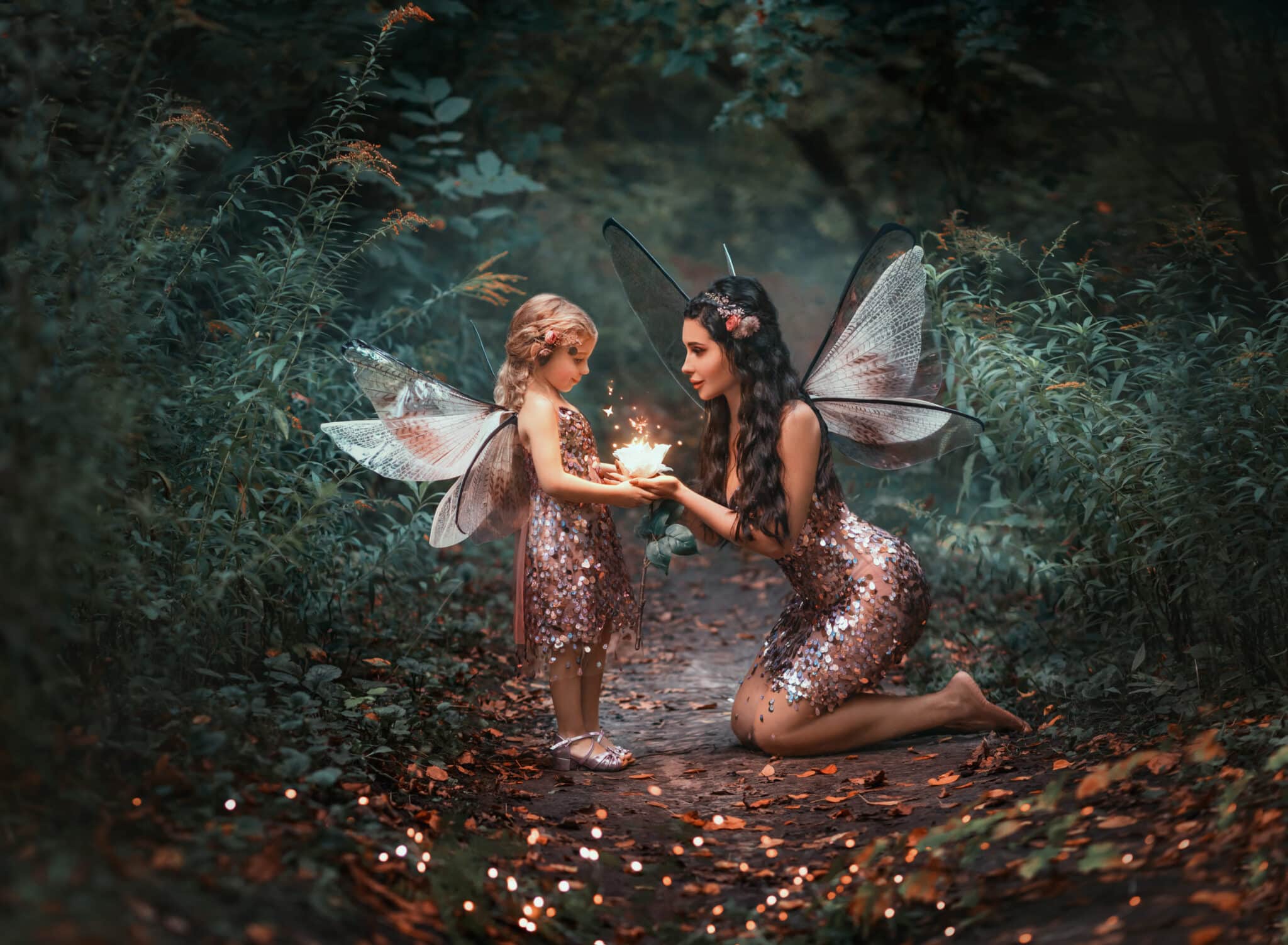 fantasy fairy woman mom gives magic light glowing flower to little happy pixie girl. Dark night summer green forest trees. Butterfly costume pink dress.