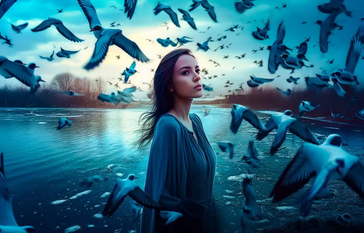 a mysterious woman standing in the lake with a flock of birds flying over body of water