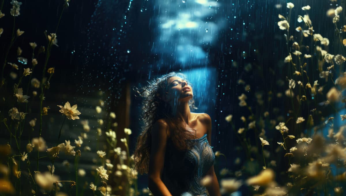 an ethereal woman in a dark mysterious garden looking up in the sky while rain pours down her face