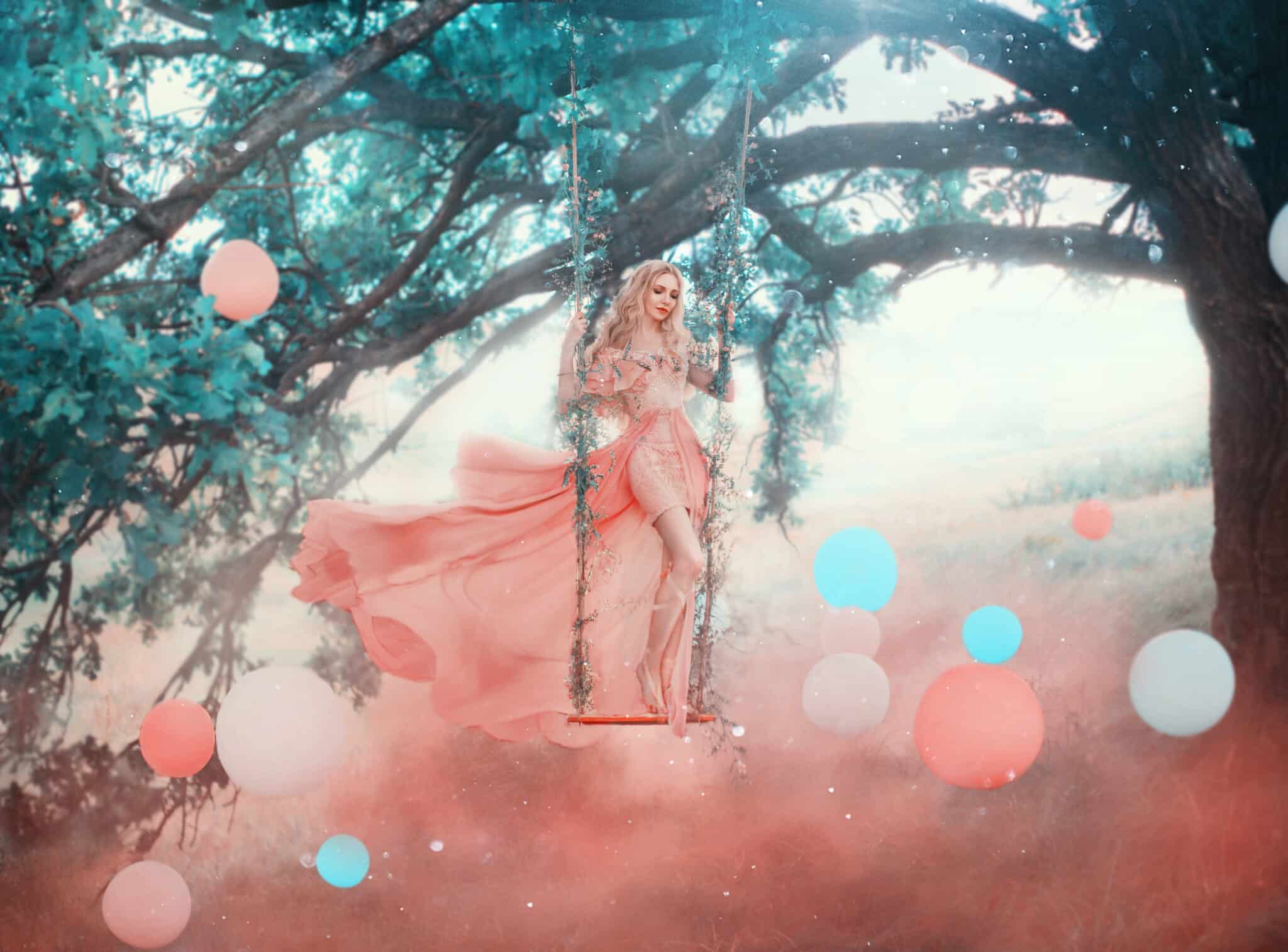 A princess elf stands swinging on magical forest swing mystical tree