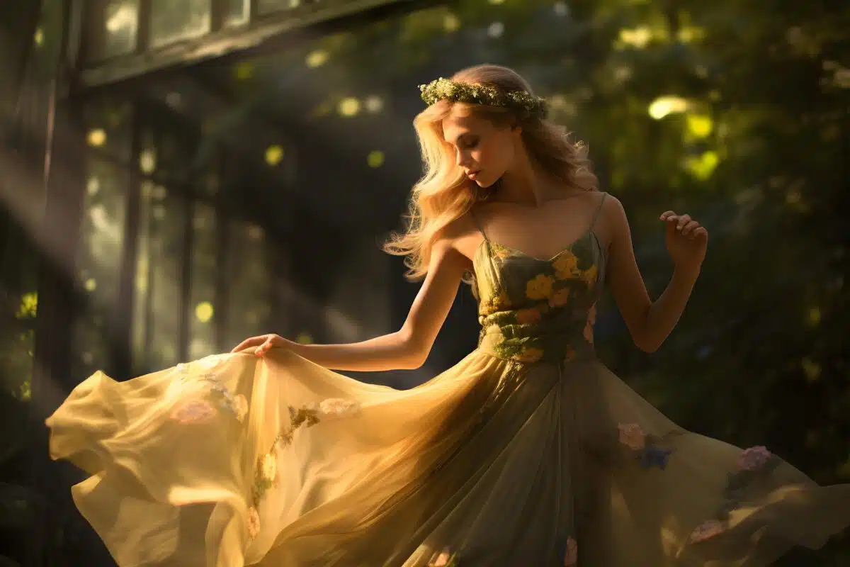 Beautiful girl in a long dress in the rays of the setting sun
