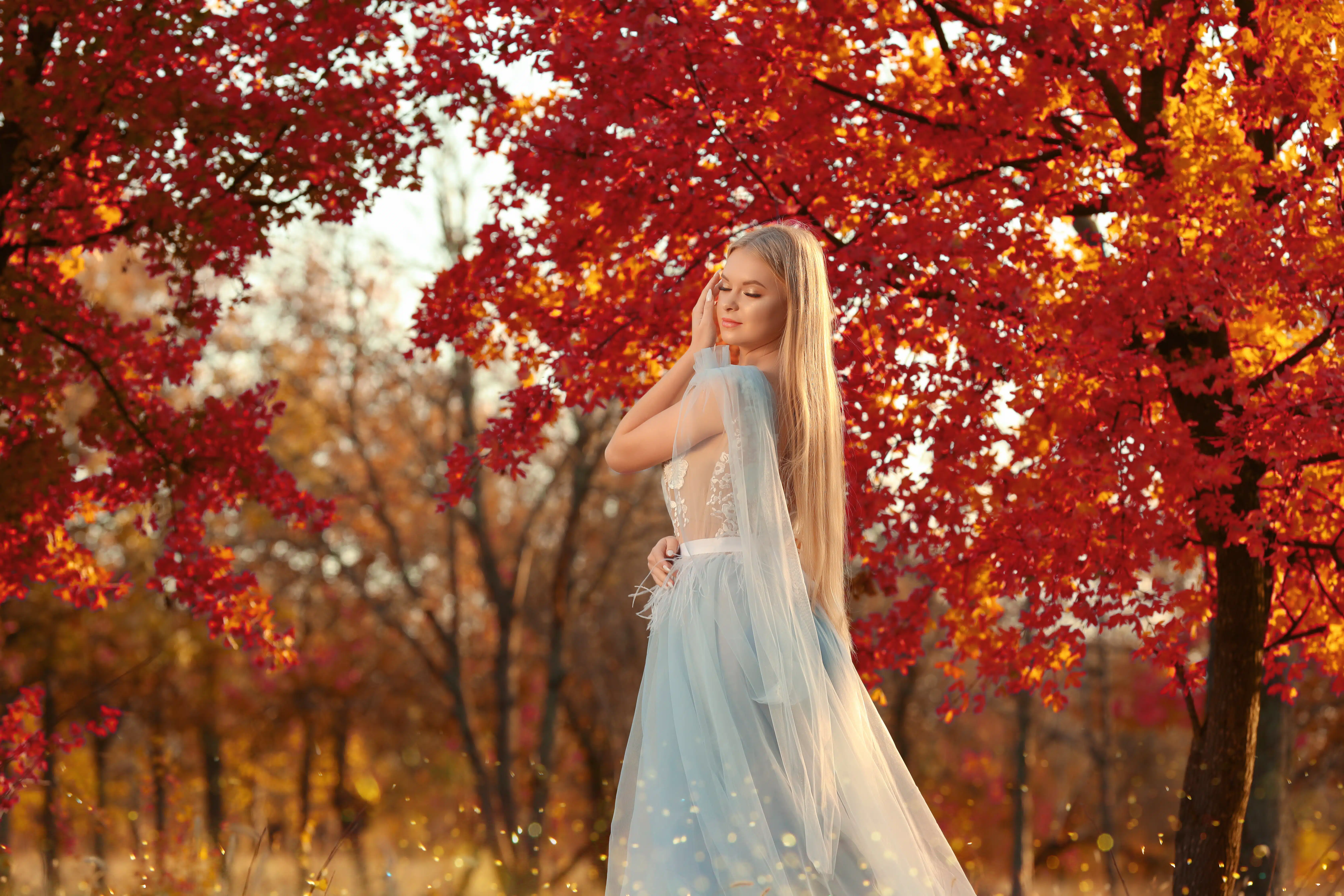 Beautiful fairy in blue dress in autumn forest