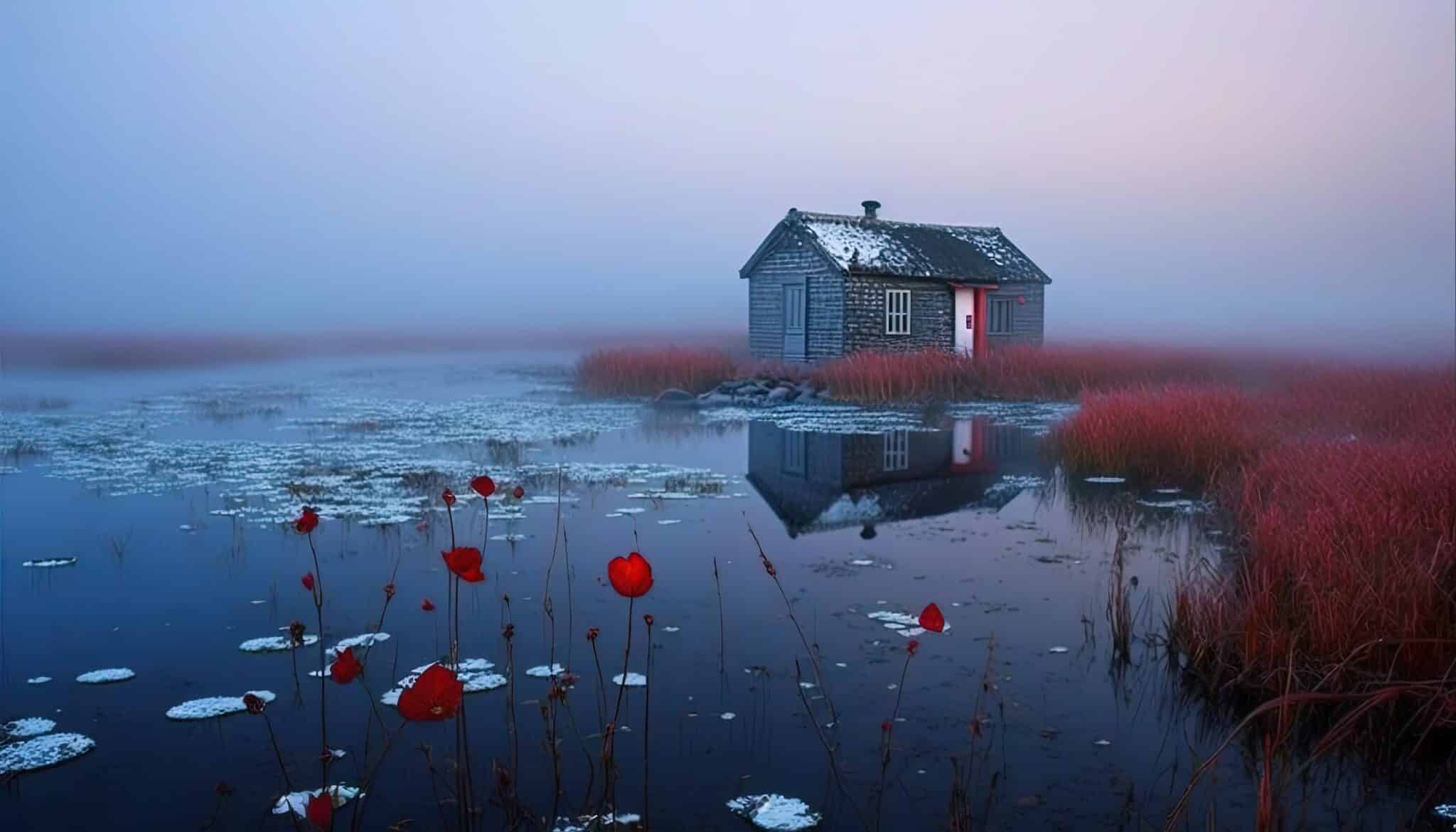 beautiful red cottage in a misty landscape by the lake