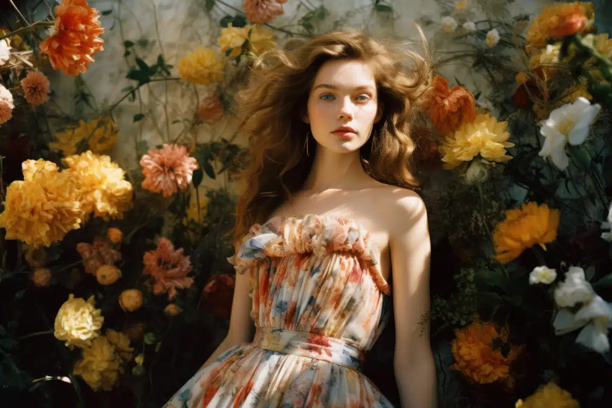 an alluring woman in a floral dress standing in front of a blooming bush