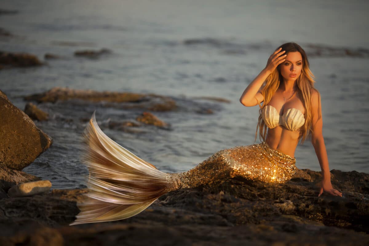 Beautiful mermaid sitting on a rock