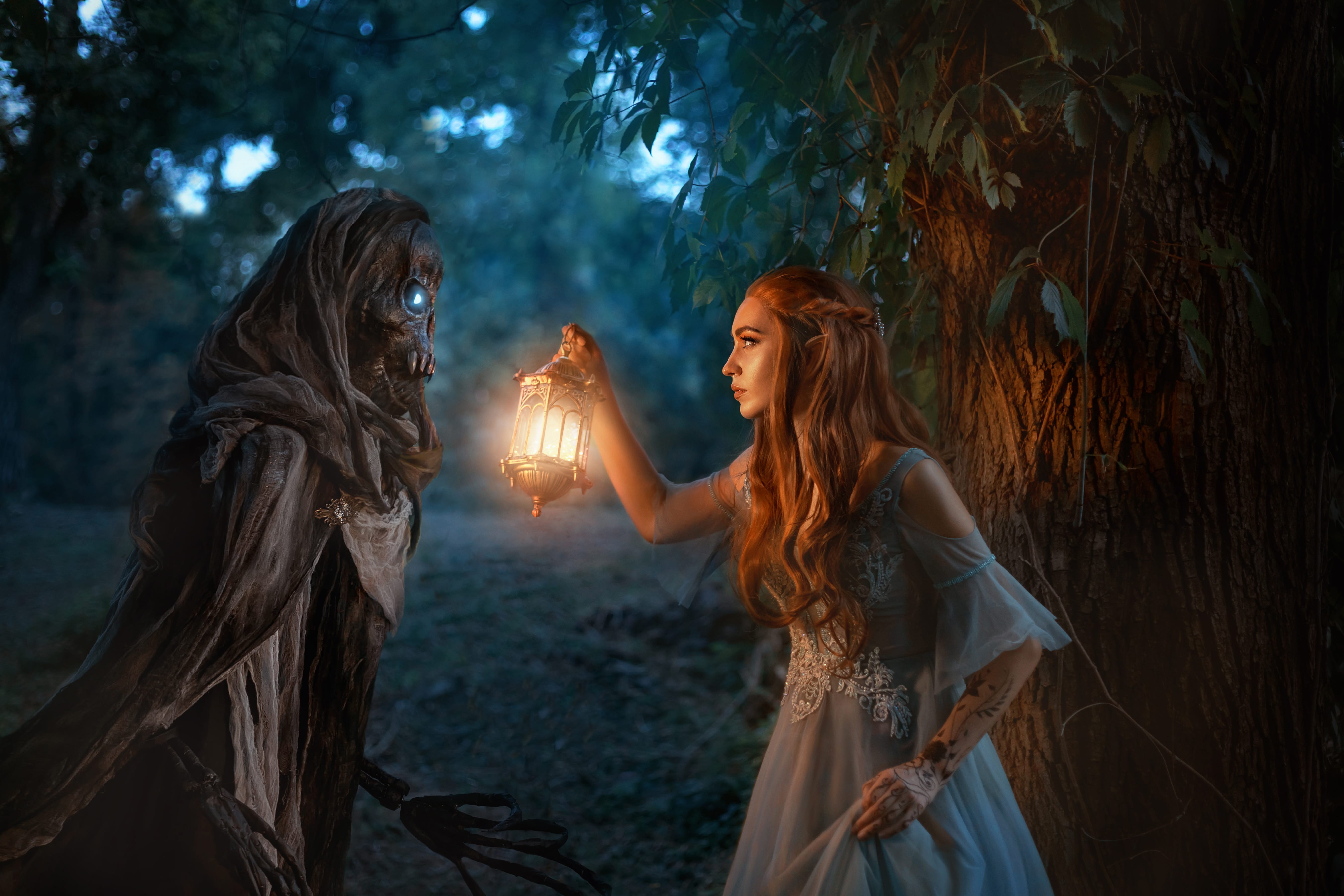 Fantasy woman elf walks in night forest, holding lantern in hands. Girl is hunted by dark fairy demon ghost of Death, black skeleton in cloak hood. Cosplay character book of Feyre Archeron and Suriel