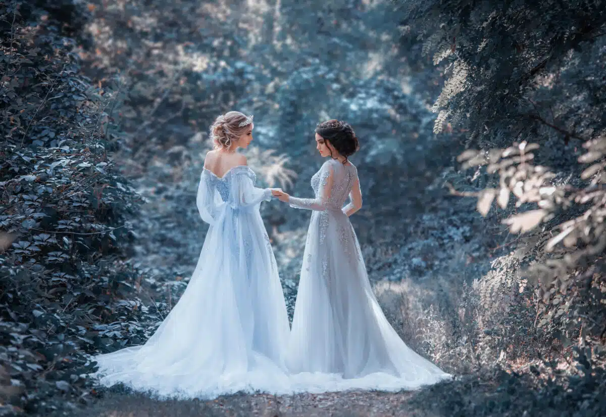 Two beautiful princess girls are walking in luxurious dresses with a long train. The background is beautiful nature in cold winter, artistic tones. Fairy Tale Photography